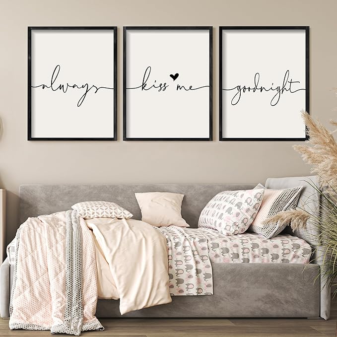 Houmury Set of 3 Framed Wall Art Always Kiss Me Goodnight Farmhouse Sign Bedroom Wall Decor for Master Bedroom Decor Wood Signs (Black, 16"x24")