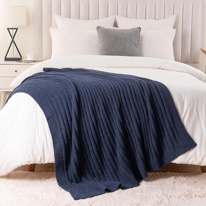 BATTILO Navy Blue Throw Blanket for Couch, Fluffy Cozy Knit Throws for All Season, Soft Warm Lightweight Blanket for Bed, Sofa, Home Decor, 50"x60"