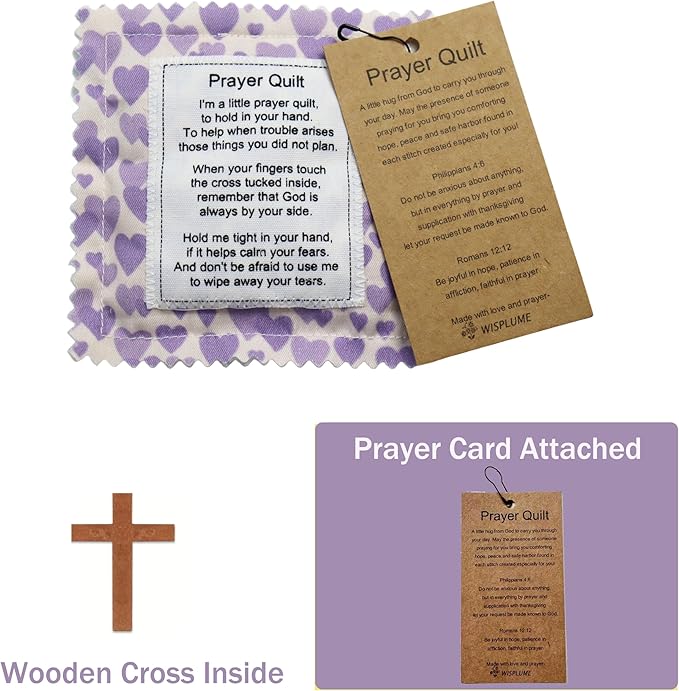 Mini Prayer Quilt with Cross Inside Vintage Pocket Scripture Prayer Quilt Squares Sympathy Christian Gifts for Women Pastor Appreciation Father's Day Graduates Gifts (Blue)