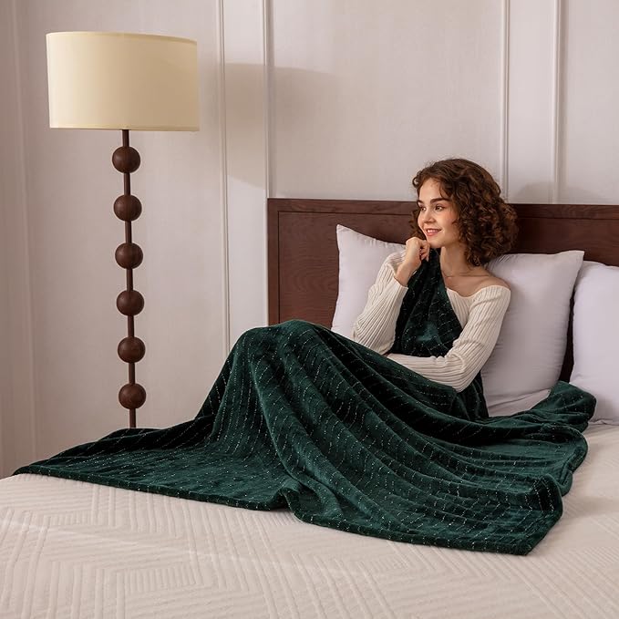 Super Soft Flannel Throw Blanket 50x60 Inches, Premium Gold Glitter Stripes Silky Fleece Lightweight Bed Blanket All Season Use, Dark Green, 50"x60"
