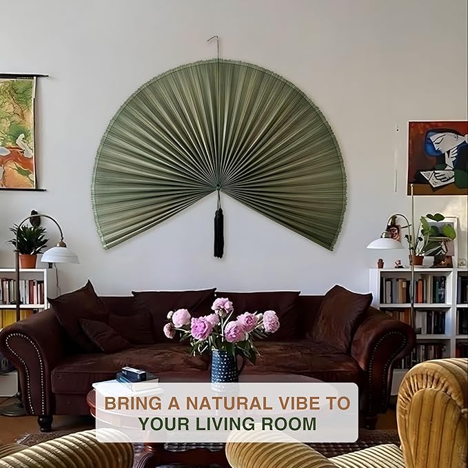 Chicvillage Bamboo Wall Fan Decor - 47” Handmade Woven Bamboo Wall Hanging Fan, Large Japanese Fan Wall Decor for Above Bed, Boho Natural Asian Wall Art, Lightweight & Easy to Hang, Green