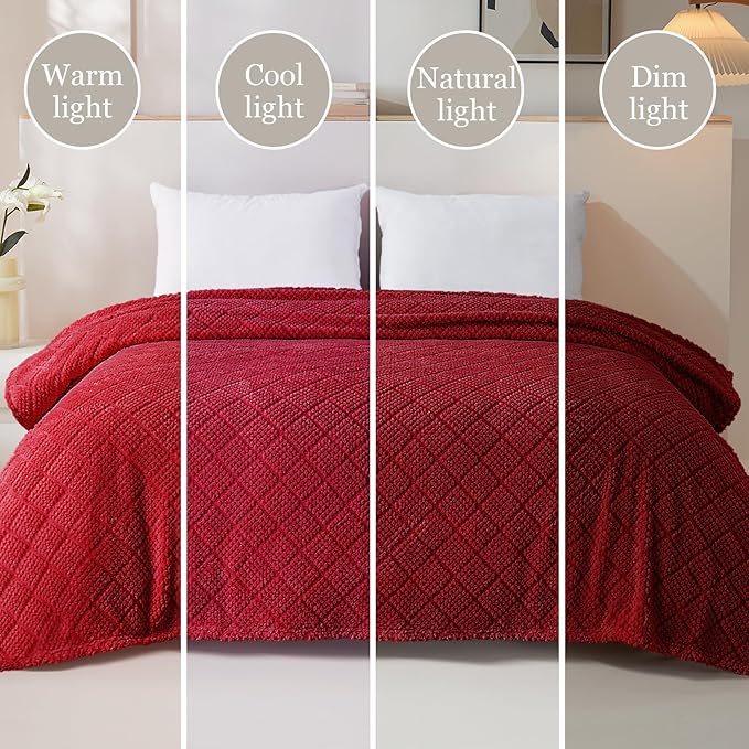Whale Flotilla Fuzzy Fleece Throw Blanket for Couch, Bed, Soft Fluffy Jacquard Waffle Blankets for All Season, Lightweight and Warm, 50x60 Inch, Red