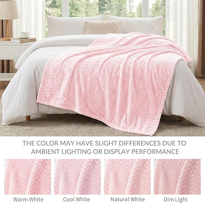 Exclusivo Mezcla Fleece Throw Blanket for Couch, Cozy Lightweight Blankets for All Season, Decorative Giftable Fuzzy Plush Wave Textured Throws for Women, Men, Light Pink, 50x70 Inches
