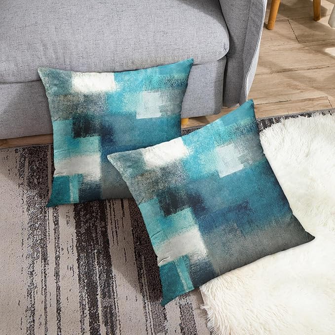 Britimes Throw Pillow Covers Modern Home Art Decor, 18 x 18 Inches Set of 2 Pillow Cases Decorative, Abstract Oil Painting Pillowcases for Bedroom, Living Room, Teal Peacock Blue