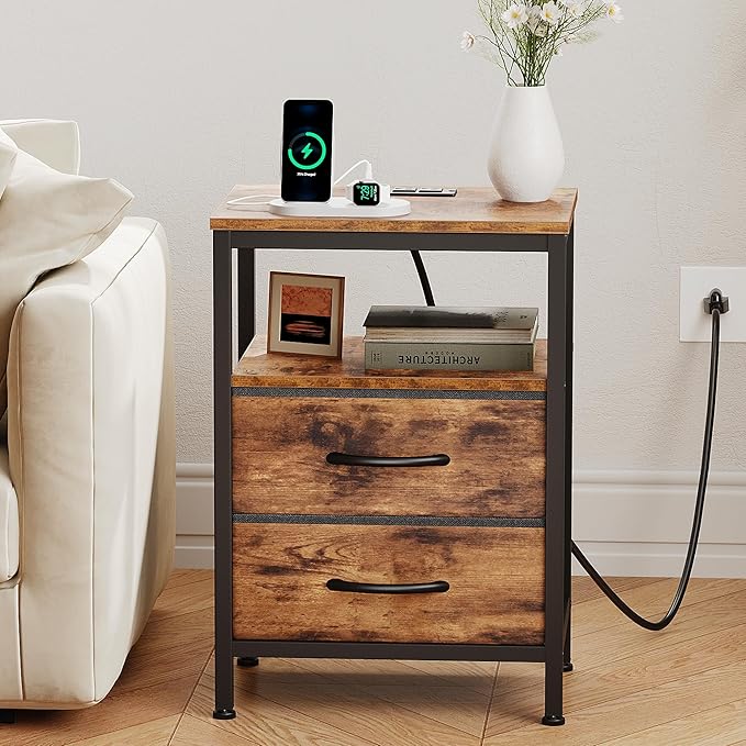 DUMOS Nightstand with Charging Station Built in USB Ports and AC Outlets Bedside Table with Adjustable Fabric Drawer and Open Shelf Modern End Table for Bedroom,Brown