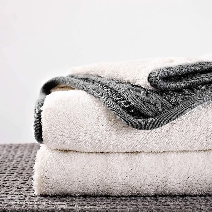Longhui bedding Acrylic Cable Knit Sherpa Throw Blanket - Thick, Soft, Big, Cozy Grey Knitted Fleece Blankets for Couch, Sofa, Bed - Large 50 x 63 Inches Gray Coverlet All Season