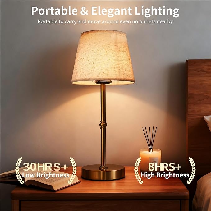Cordless LED Table Lamp, 6000mAh Rechargeable Battery Operated Desk Lamp, 3-Level Dimming Metal Portable Nightlight for Restaurant, Bedroom, Bar, Patio, Gold