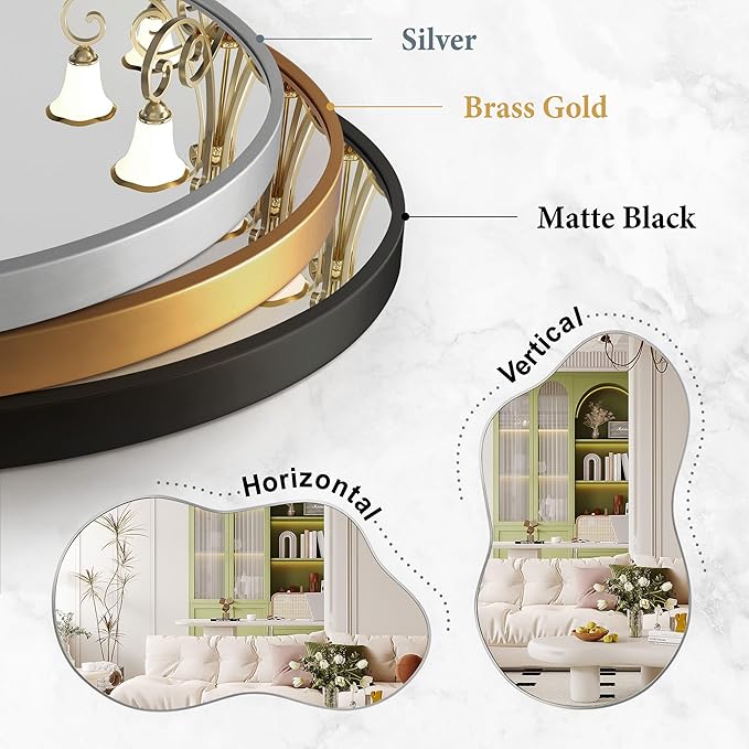 Irregular Wall Mirror - Wall Mirrors Decorative 20"x36" Silver Asymmetrical Mirror Tempered Glass Aviation Aluminum Alloy Frame for Bathroom, Bedroom, Living Room, Cloakroom, Entryway