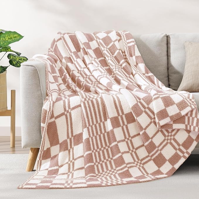 WRENSONGE Checkered Throw Blanket Clay Pink Soft Cozy Fluffy Warm Hand Made Weave Throw Blankets for Couch, Sofa, Chair, Bed, Camping, Picnic, Travel Lightweight Bed Blanket - 60"*80"