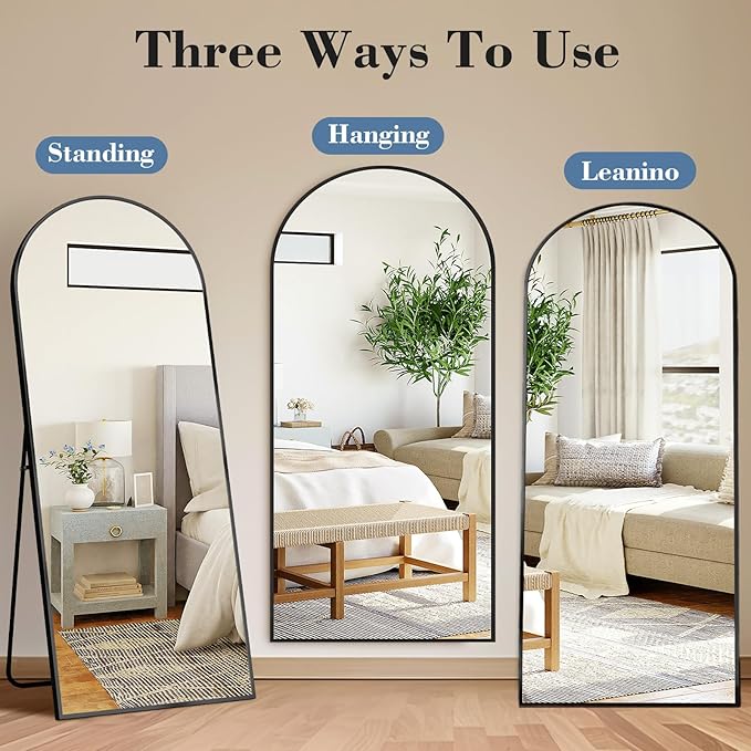 DUMOS Arched Full Length Mirror with Stand Floor Standing Aluminum Frame for Bedroom Body Hanging Leaning Modern Simple Home Decor Shatter-Proorf Nano Glass Wall Living Room Cloakroom Black 65"x24"
