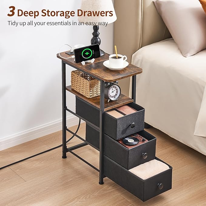 Narrow End Table with Charging Station, Narrow Side Table with Drawer, Small Nightstand with LED Light, Skinny Nightstand, Small Bedside Table for Living Room, Bedroom, Couch, Rustic Brown