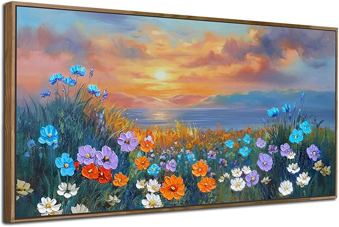 Ardemy Wildflower Wall Art for Living Room Large Framed Floral Canvas Pictures, Bedroom Wall Decor Sunset Paintings Flower Textured Artwork for Walls Dining Room Home Office 58"x29"