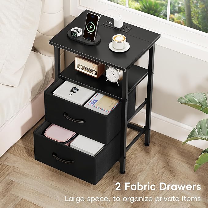 Vagusicc NightStand with Charger Station, LED Night Stand with 2 Fabric Drawers & Storage Shelf, Small Nightstands Bedside Table with USB Ports & Outlets, 24.2" Tall Bed Side Tables for Bedroom, Black