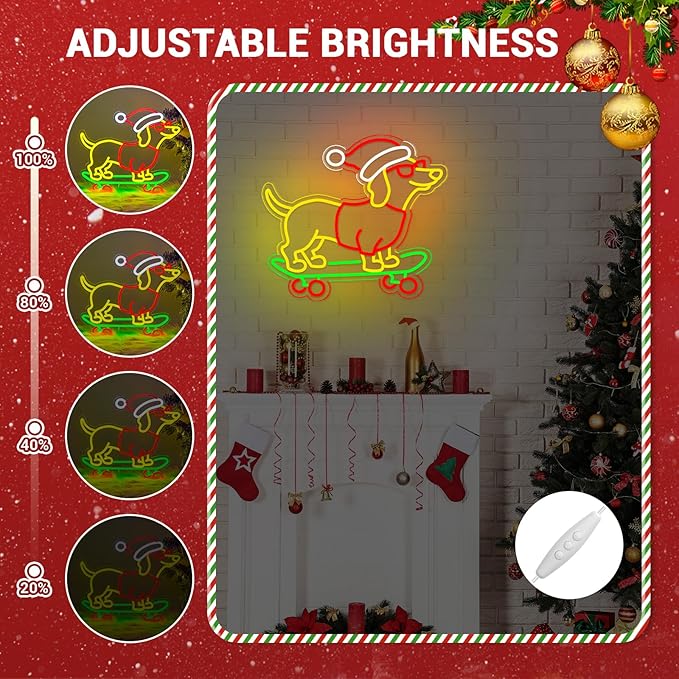 Christmas Neon Sign, Gift for Dachshund Women, Dimmable Dog Lover Gift for Christmas Decorations USB Powered 14.9x13.4in