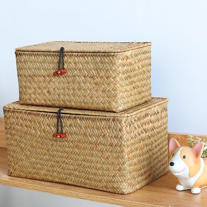 Wicker Shelf Baskets with Lid,Natural Seagrass Storage Basket Boxes Handwoven Rectangular Baskets Bins Multipurpose Home Organizer Decor (Large+Medium+Small)