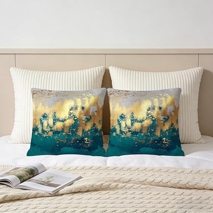 Emerald Green and Gold Throw Pillow Covers Set of 2 18x18 Inch, Teal Gold Modern Decorative Square Pillowcases for Couch Sofa Living Room Bedroom Car Office, Christmas Green Pillow Covers, Home Decor