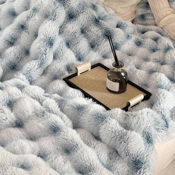 Luxury 1000GSM Throw Blanket, 60x80 Inches, Ultra Soft Double-Sided 3D Bubble Textured Faux Rabbit Fur, Frosted Blue & White, Reversible High-Density Plush Warm Blanket for Sofa & Bed