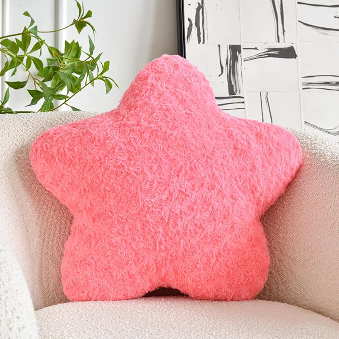 Star Pillow, 19.7" Star Shaped Plush Pillow for Couch Bed Sofa, Cute Decorative Throw Pillows with Soft Faux Fur Room Decor for Bedroom Living Room (Rose Pink)