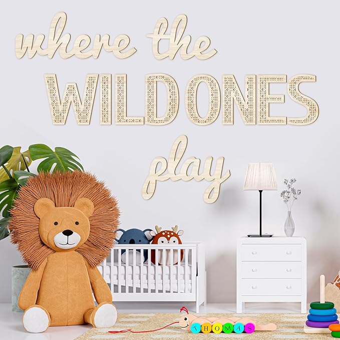 Where the Wild Ones Play Nursery Sign Wooden Playroom Wall Decor Playroom Decoration Word Play Room Sign for Wall Plaques(23 Inch,Wood Color)