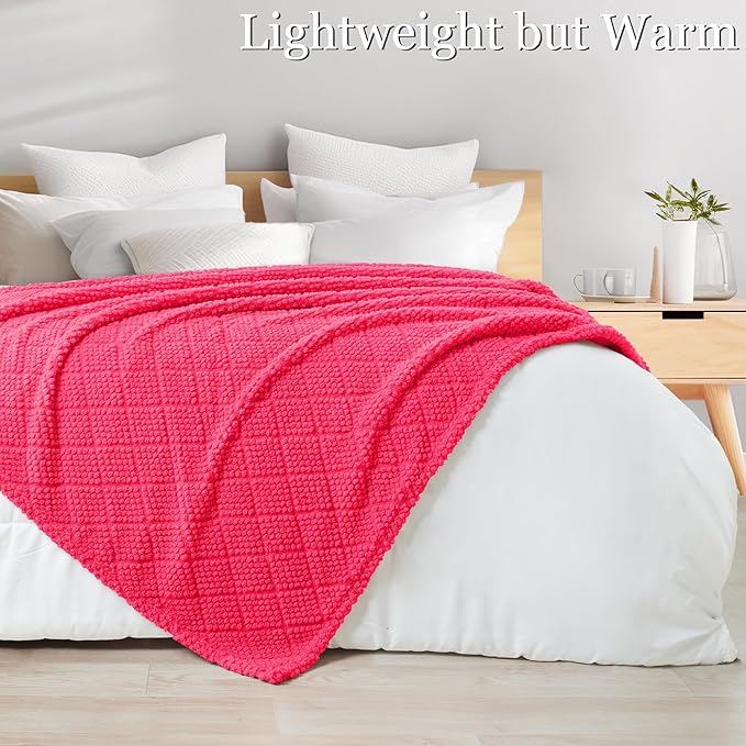 Whale Flotilla Fuzzy Fleece Twin Size Blanket for Bed, Soft Fluffy Jacquard Waffle Blankets for All Season, Lightweight and Warm, 60x80 Inch, Hot Pink