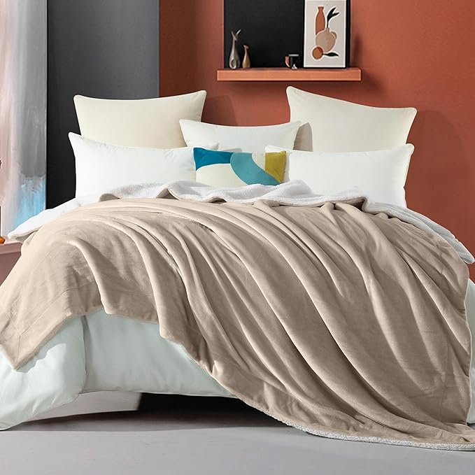 Elegant Comfort Ultra Soft Reversible Flannel Sherpa Blanket - Cozy Silky Fleece Throw for Couch, Bed - Plush Fuzzy Warm Winter Blanket for Gift, Queen, Cream