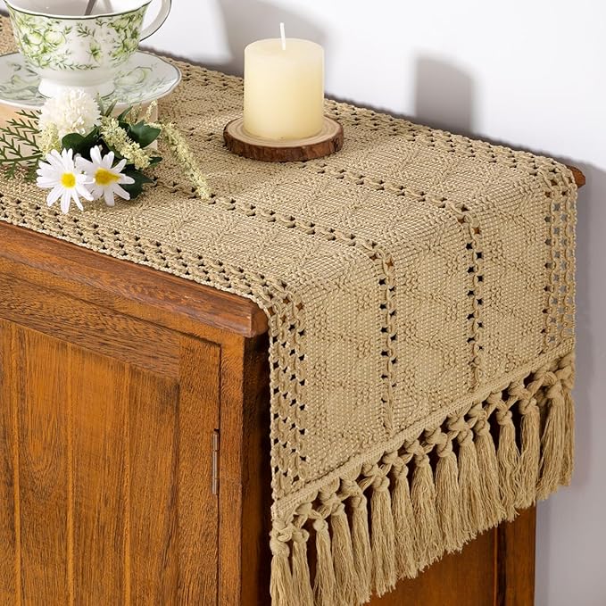 Socomi Boho Table Runner Macrame Easter Spring Farmhouse Woven Cotton Linen Rustic Coffee Table Runner with Tassels for Small Dresser Scarf Home Decor Dining Room 12x72 inch Champagne