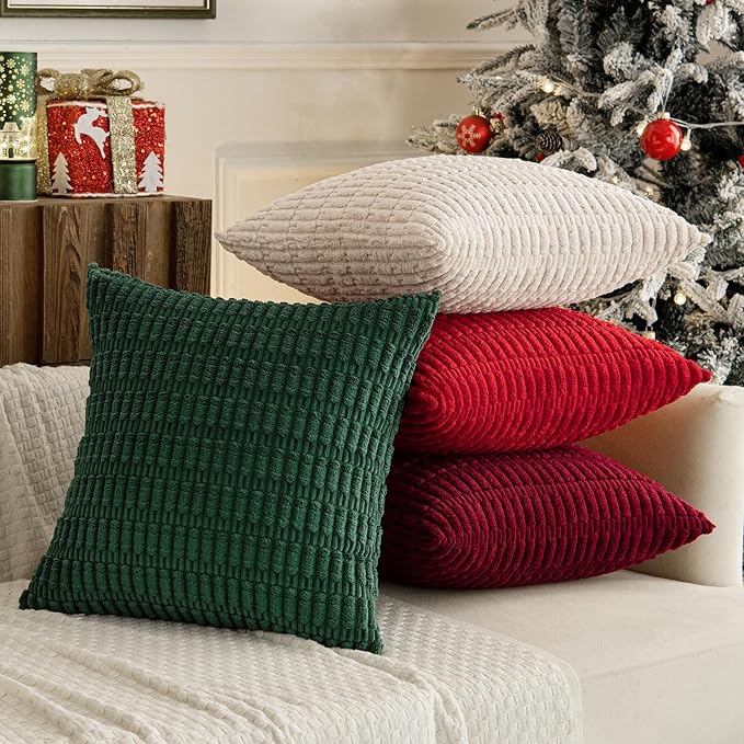 MIULEE Pack of 4 Christmas Boho Farmhouse Red and Green Corduroy Decorative Throw Pillow Covers 18x18 Inch Retro Soft Striped Pillow Covers Home Decor for Sofa Living Room Couch Bed