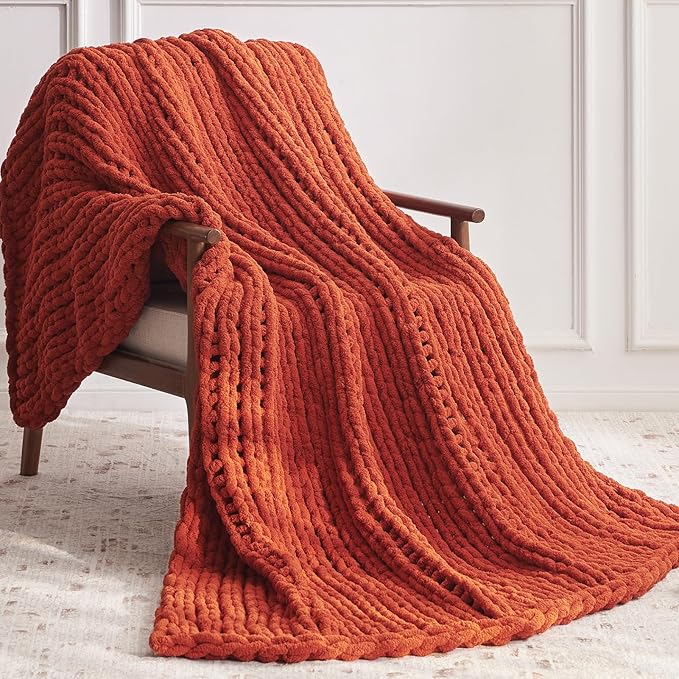 Chunky Knit Throw Blanket, 80''*90'' Knitted Throw Chenille Yarn for Bed Couch, Handmade Orange Crochet Big Thick Blanket, Machine Washable Cute Comfy Blanket for Home Decor