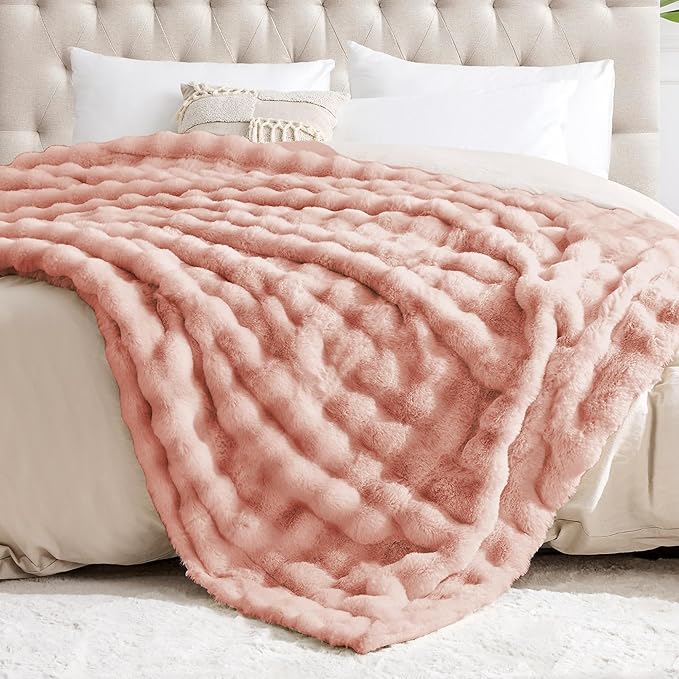 Luxury 1000GSM Faux Rabbit Fur Throw Blanket, Super Heavy Warm Cozy Blankets for Couch Bed Sofa, Bubble Plush Fuzzy Elegant Soft Reversible Mink Blanket for Living Room Bedroom, Pink