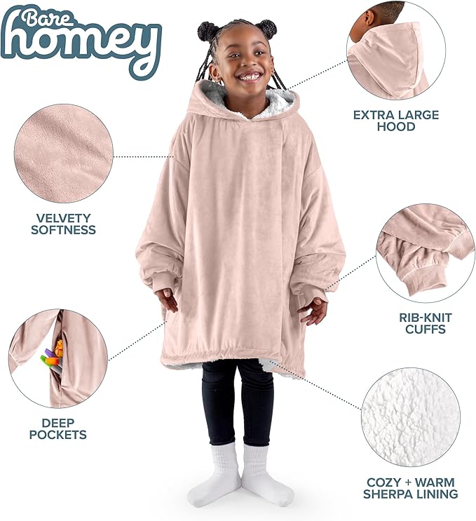 Bare Home Wearable Blanket Hoodie - Soft Plush Sherpa - Warm and Cozy - Oversized Wearable Blanket - Adult & Kid Sizes