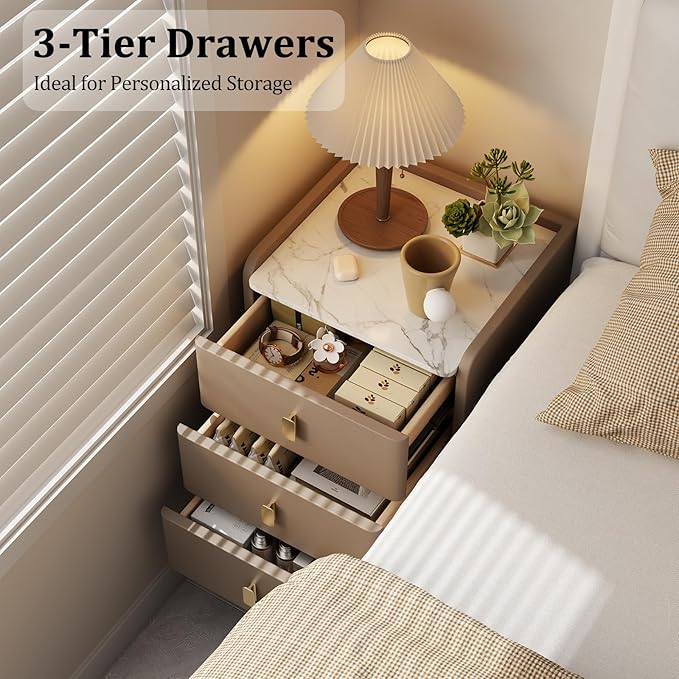 AQIMUELE Narrow Nightstand with Drawers, Narrow Side Table Leather, Small Bedside Tables for Bedroom. (Beige)