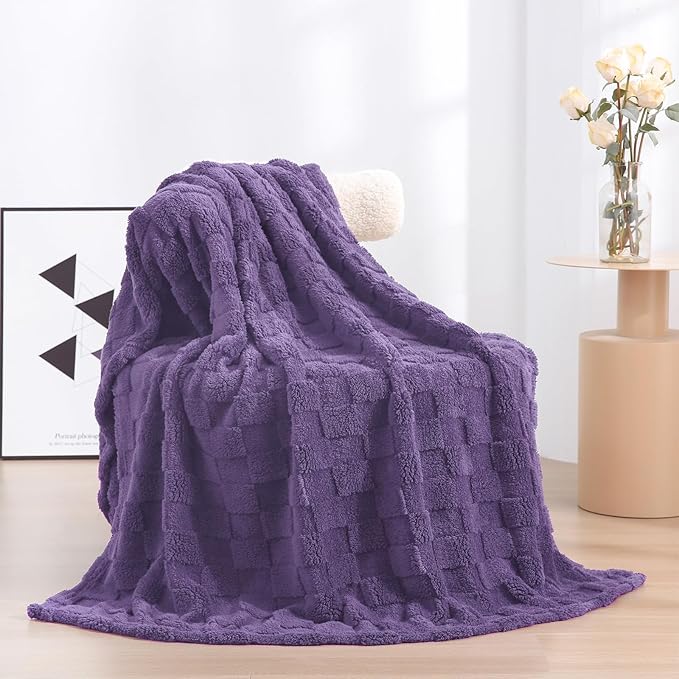 Lavender Fleece Throw Blanket 50”×60” for Couch Sofa Bed,Super Soft Cozy Plush Microfiber Flannel Blanket with 3D Checkered Design Lightweight for Adults,Woman,Girls