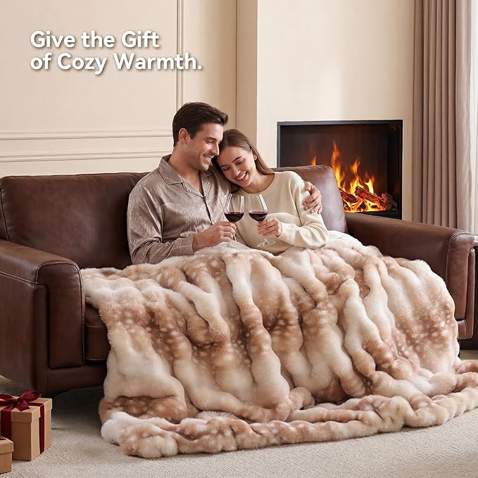 Smoofy Faux Fur Throw Blanket for Couch – Deer Brown Fluffy Cozy Rabbit Fleece, Fawn Print Plush Soft Bubble Blanket for Sofa & Bed, Gifts for Mom, Warm Fuzzy Home Room Decor Throw 60" x 80"