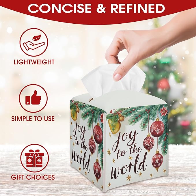 Christmas Balls Tissue Box Cover Holder, Winter Tissue Box Cover Square, Xmas Gift Ideas for Family Friends, Joy to The World Christmas Decor for Bathroom Kitchen Car Office(5.2 Inches)-B04