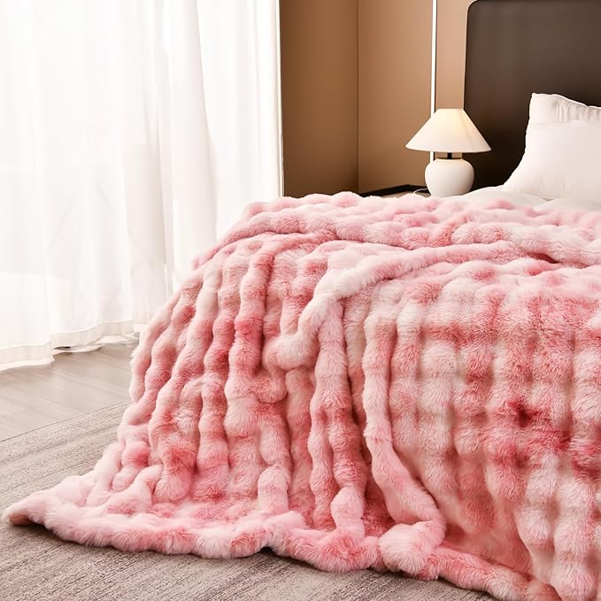 H&D Faux Fur Throw Blanket for Couch,Fluffy Cozy Soft Plush Luxury Thick Fuzzy Fleece Blanket for Couch Bed Sofa Bedroom Living Room,Comfy Bubble Blanket