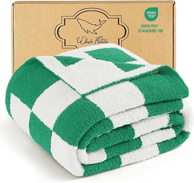 Whale Flotilla Checkered Knit Throw Blanket, Ultra Soft Warm Reversible Cozy Decorative Blankets for Couch Sofa and Bed, 50x60 Inch, Green