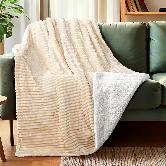 PAVILIA Beige Sherpa Fleece Throw Blanket for Couch, Soft Plush Fuzzy Blankets, Fluffy Flannel Sherpa Blanket for Sofa, Warm 3D Ribbed Winter Blanket Gift, 50x60 inches