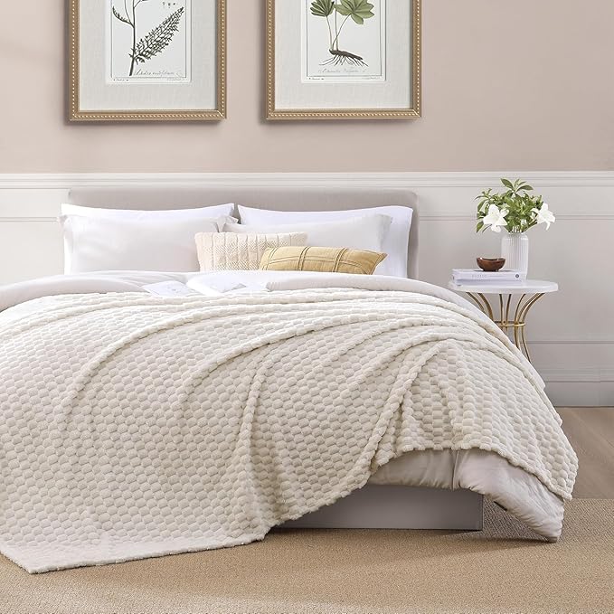 Monbix Ivory Fleece Throw Blanket for Couch- Room Decor Soft Cozy Blankets for Women, Lightweight Fuzzy Fleece Flannel Bed Blanket Suitable for All Seasons(60"×80",Ivory)