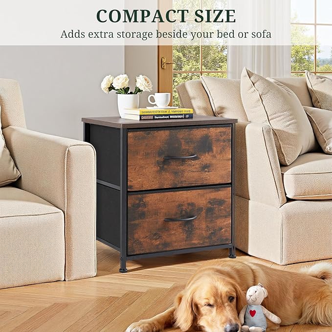 Nightstand, Small 2 Drawer Dresser End Table Bedside Furniture, Wooden Top Fabric Bins for Bedroom, Closet, Entryway, Dorm, 11.8" D x 18" W x 20", Brown