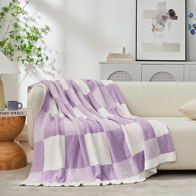 Snuggle Sac Checkered Blanket, Lilac Purple Throw Blanket for Couch Plaid Microfiber Fluffy Warm Cozy Fuzzy Soft Throw Blanket Reversible Checkerered Blankets for Sofa, Bed, 60x80 inches
