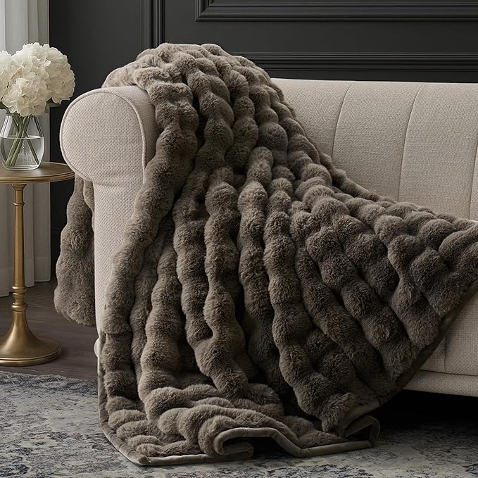 EverGrace Ultra Soft Luxury Fluffy Faux Rabbit Fur Throw Blanket, Thick Warm Bubble Throw for Bed, Cozy Plush Reversible Blankets for Couch, Chair, Sofa, Dark Taupe, 50x60 Inches