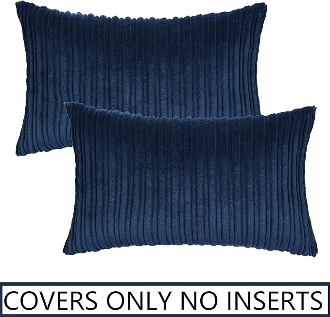 UGS UGASA Pack of 2, Velvet Pillow Covers Striped, Soft Textured Throw Cushion Case Set, Accent Corduroy Lumbar Pillowcases with Hidden Zipper for Home Decor Indoor Outdoor (12"x20", Navy Blue)