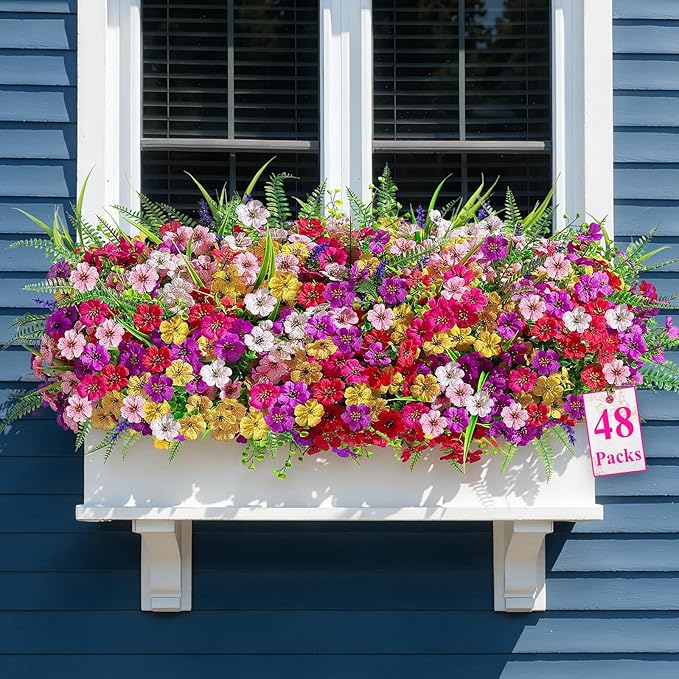 Alupssuc 48 Bundles Artificial Flowers for Outdoors Planters Spring Decoration, UV Resistant Faux Eucalyptus Violet and Lavender Silk Fake Plants for Outside Indoor Yard Home Patio Decor, Mix 6 Colors