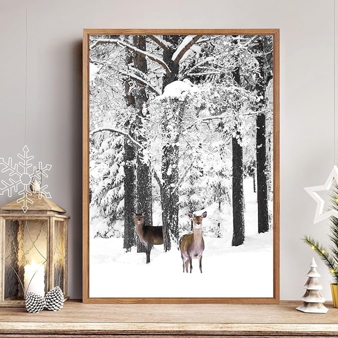 CHDITB Winter Wonderland Framed Canvas Wall Art Set Of 3, Nature Deer Wall Decor, Snowy Landscape Wall Painting, Farmhouse Winter Scene Cottage Art Prints for Living Room, Bedroom Decor (12X16 Inch)