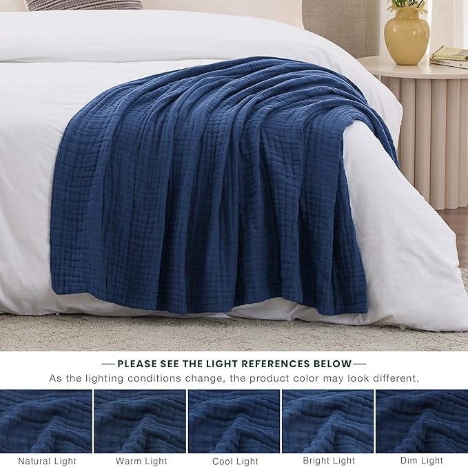 Love's cabin 100% Cotton Muslin Blanket, 6 Layer Lightweight Breathable Gauze Large Throw Blanket 50 x 70 Inches, Soft Cooling All Season Blanket for Couch or Sofa, Dark Blue
