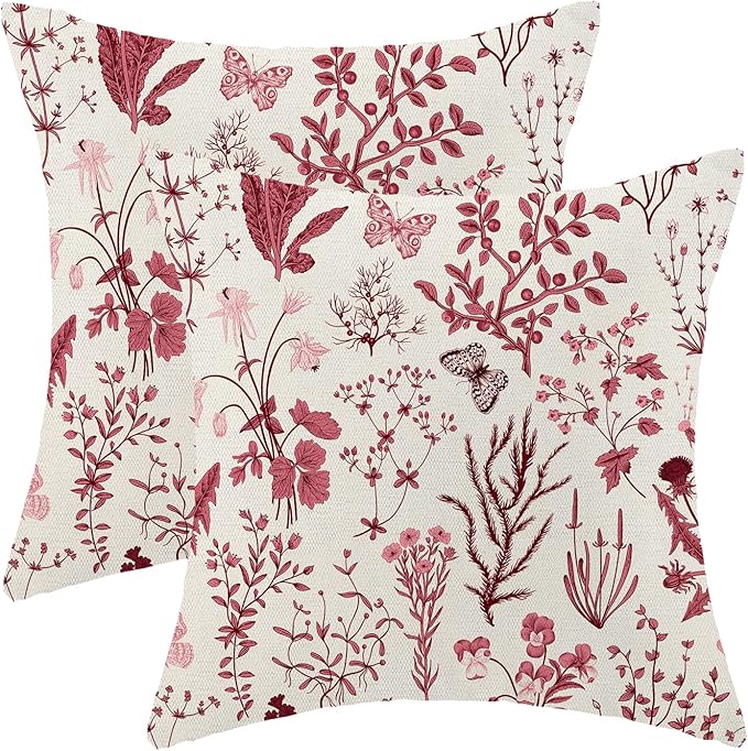 Christmas Pillow Covers 24x24 Inch Set of 2,Burgundy Red Wild Flower Plant Throw Pillows Case,Seasonal Floral Outdoor Decorative Square Linen Farmhouse Decor Cushion Covers for Home Sofa bed Couch