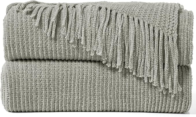 inhand Throw Blanket for Couch Bed,Chunky Chenille Woven Soft Blankets with Tassels, Cozy Boho Farmhouse Fall Winter Decor,Warm for Women,60"x80",Extra Thick-Light Grey