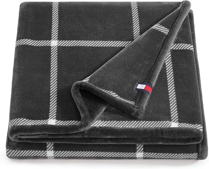Tommy Hilfiger - Blanket, Ultra-Soft Plush Throw Blanket for Bed or Couch, Cozy Bedding with Solid Reverse & Tailored Hem, Medium Weight for Year Round Comfort (Dumbo Windowpane Grey, 50" x 70")