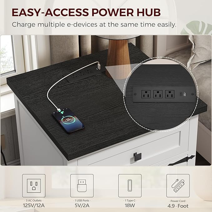 Farmhouse End Table with Charging Station, 23.6" Large End Tables Living Room, Sofa Side Table with Barn Door, Wooden Rectangular Nightstand Bedside Table with Drawer, Black ETBB157E01