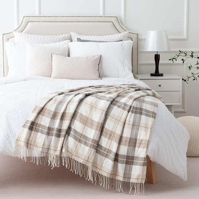 BATTILO HOME Fall Plaid Throw Blanket for Couch, Farmhouse Checkered Decor Throw, Lightweight Beige Throw Blankets for Bed Sofa Neutral Fall Decor, 49"x63"